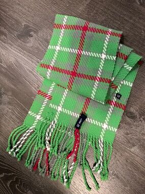 GAP Bright Green Plaid Tassel Scarf with Red and White Accents